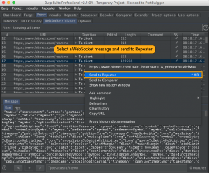 BurpSuite Send WebSocket message to Burp Repeater