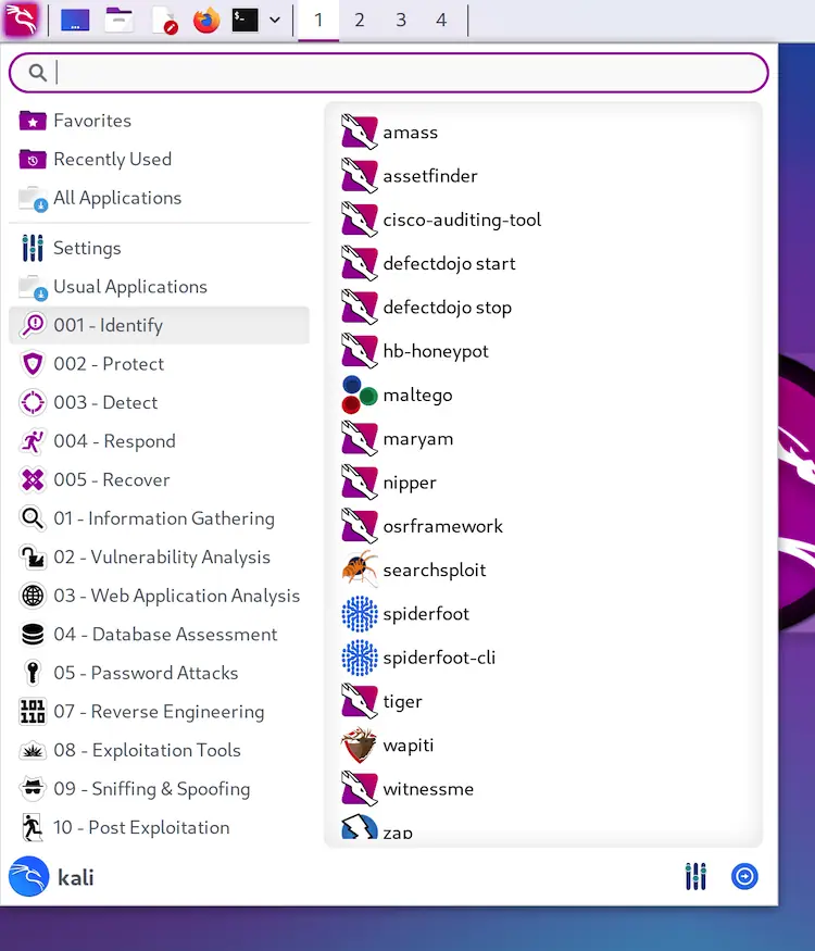 Kali Linux-Purple menu list
