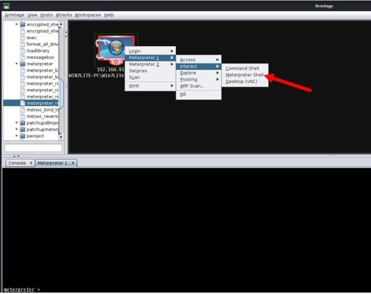 Fig. 12: Launching an interactive Meterpreter session.