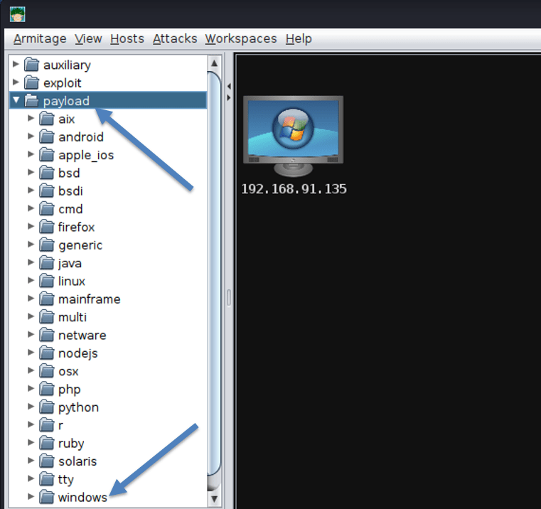 Fig. 5 & 6: Selecting the Meterpreter reverse TCP payload.