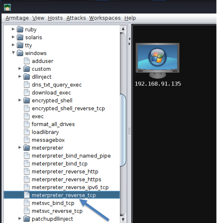 Fig. 5 & 6: Selecting the Meterpreter reverse TCP payload.