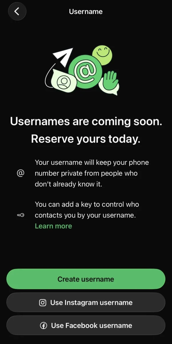 Whatsapp username reserve